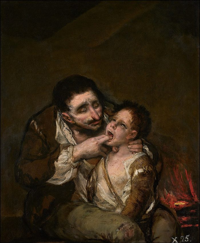 Pintura oscura de Goya: un hombre sostiene la cabeza de un niño, escena del Lazarillo de Tormes